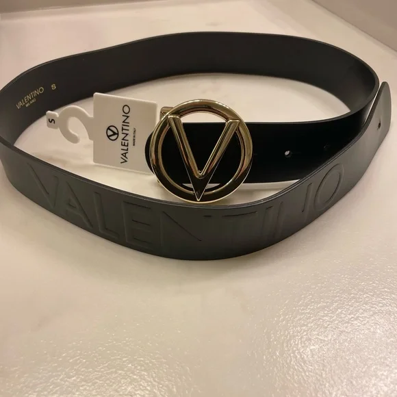 VALENTINO-Ladies Gold Logo with Embossed Leather belt size S-NWOT Valentino Gold/Black Patent and Leather VLogo Reversible  main image 2
